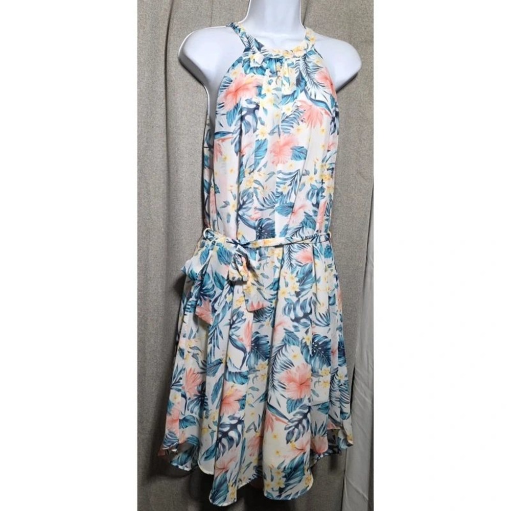 Holly Bracken Tropical Floral Halter Dress Sleeveless Knee Length Blue Pink L